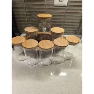 Set of 7 Glass Spice Jars, 1 Measuring Cup Bamboo Airtight Lids